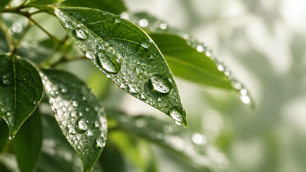 Green leaves covered with fresh water droplets