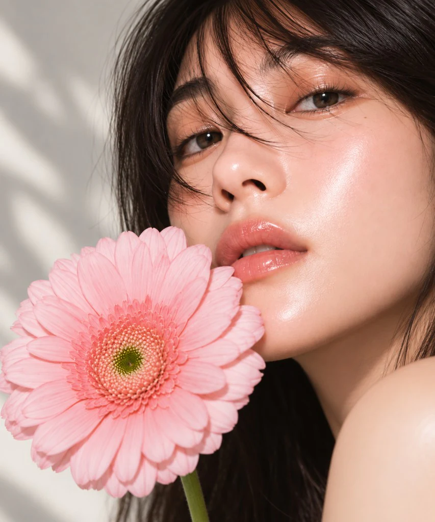 Close-up Korean beauty portrait with a pink gerbera flower